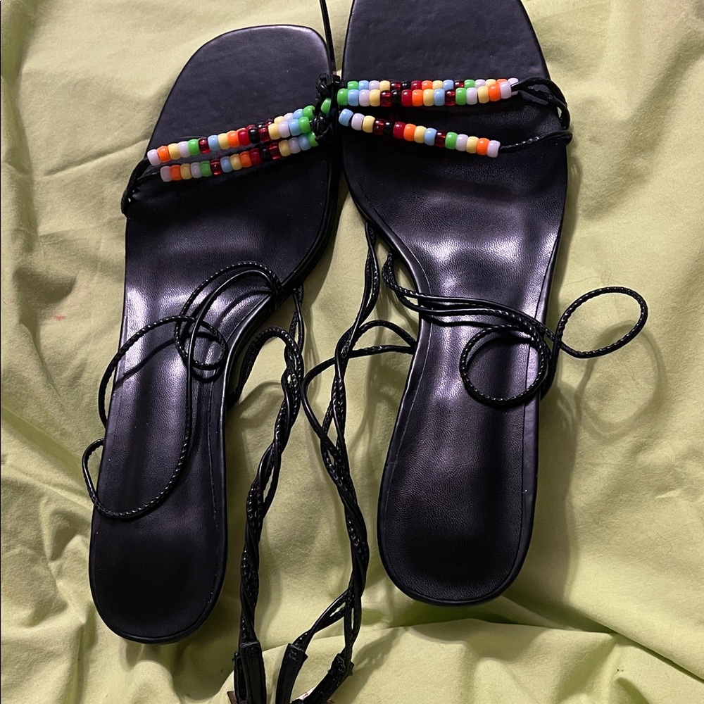 Colorful Beaded Black Women's Sandals